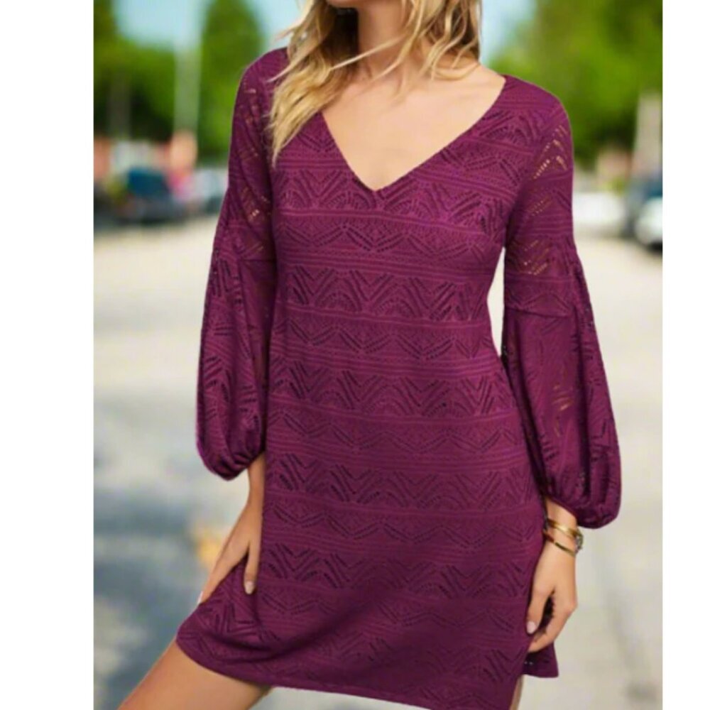 Anthropologie Dress Womens XS Purple V-Neck A-Line Lace Knit Long Sleeve